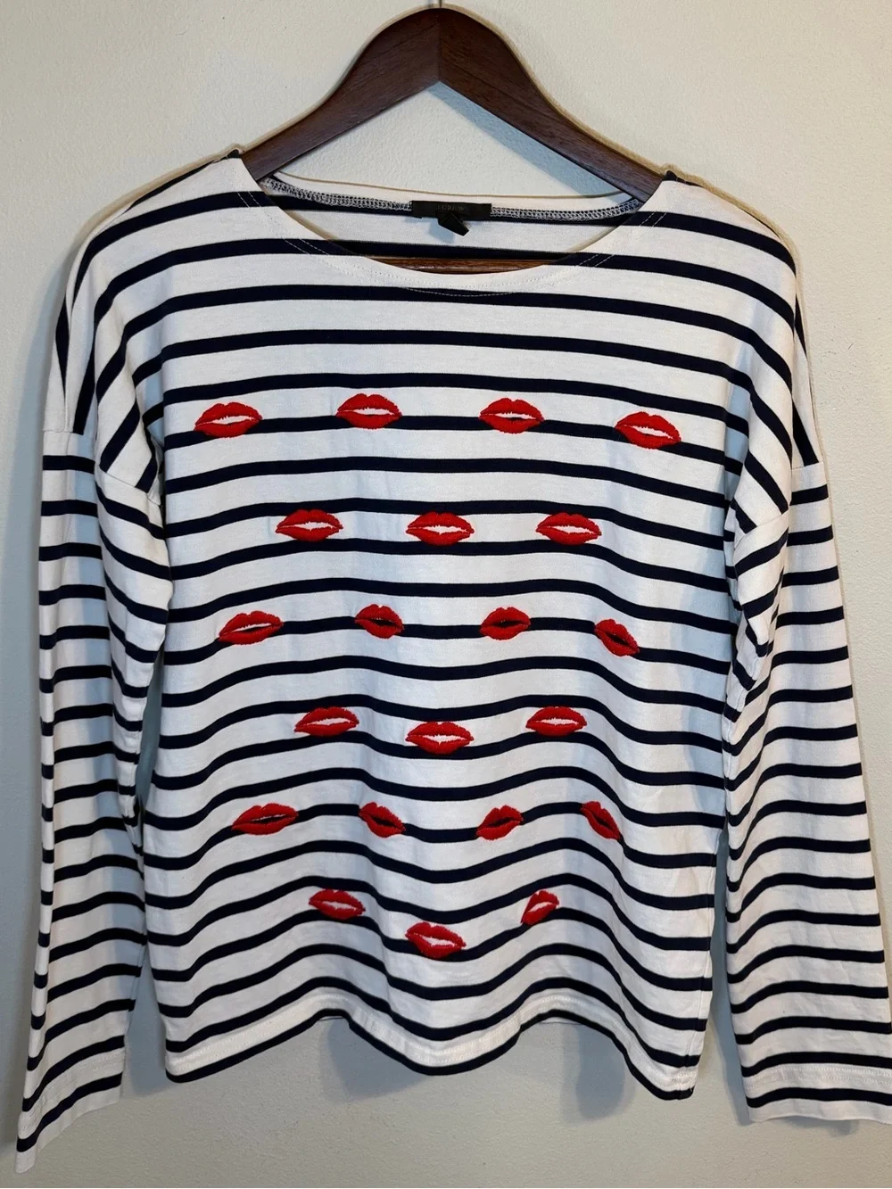 J.Crew Striped Lip Print Long Sleeve Tee Shirt Top Small